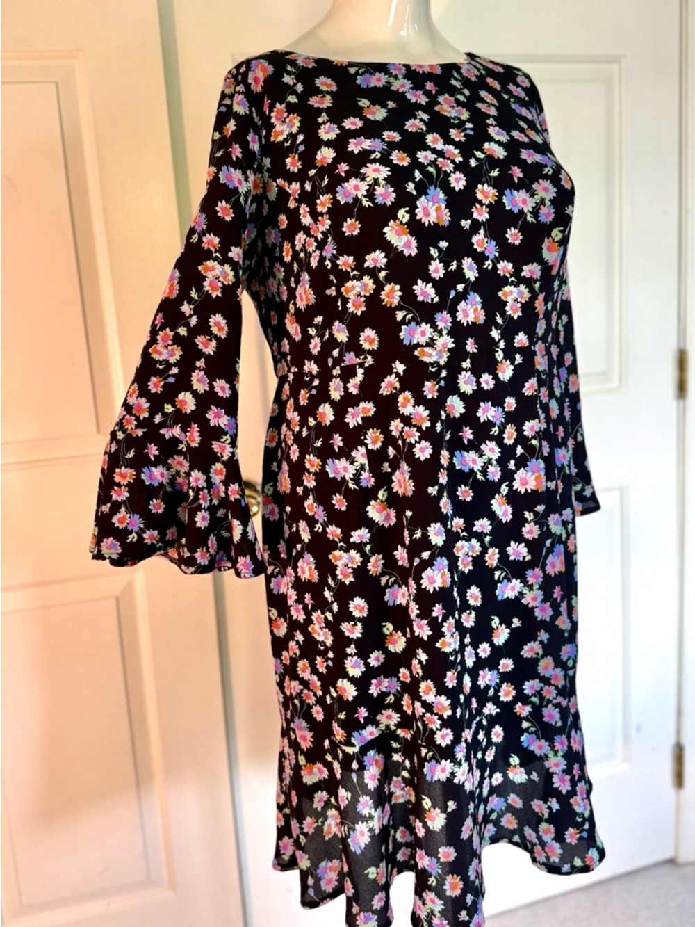 Betsey Johnson Black Floral Midi Dress with Bell Sleeves - Picture 3 of 6